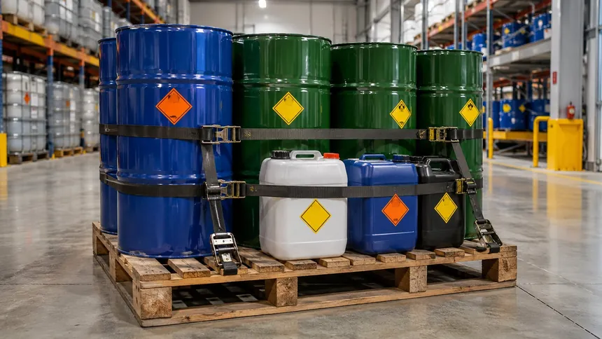 Hazmat freight — drums and containers strapped on a pallet