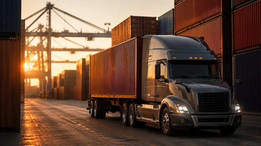 Drayage — container truck at a port terminal at golden hour