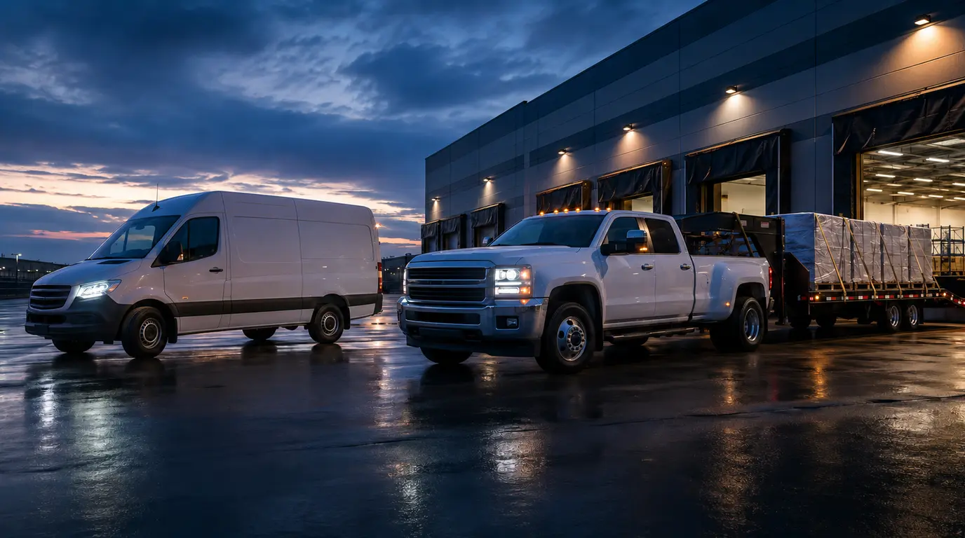 Expedited freight — cargo van and hot-shot truck ready at a loading dock
