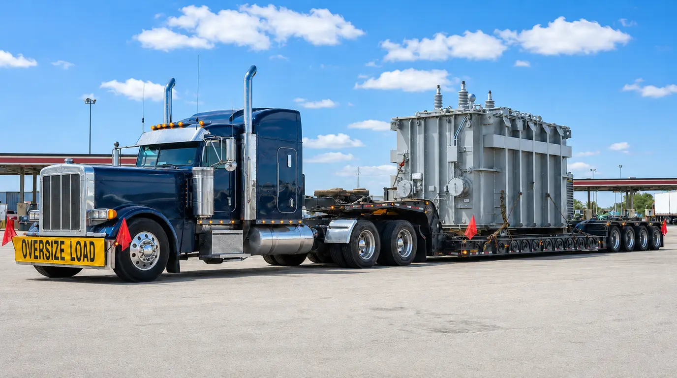 U.S. heavy-haul truck transporting an oversized industrial transformer