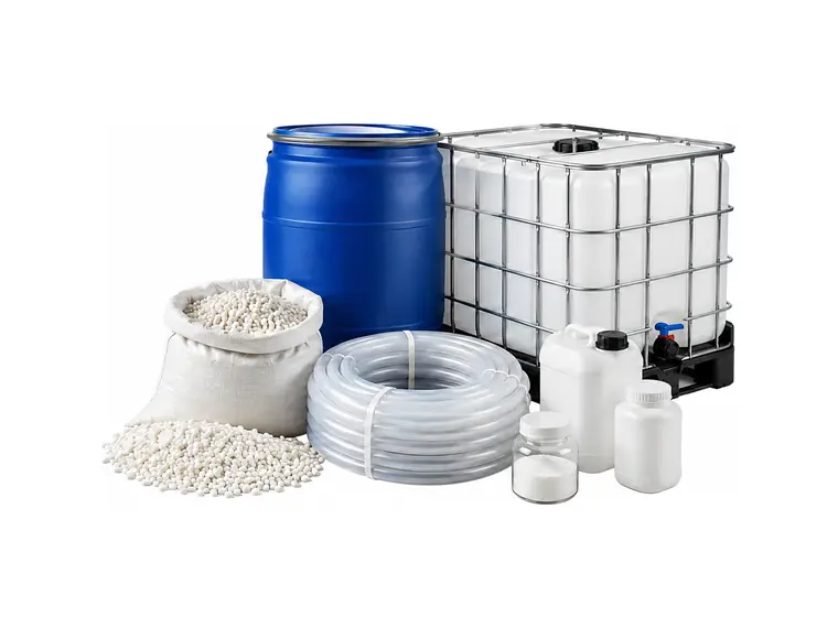 Chemical and plastics products including drums, an IBC tote, plastic resin and tubing