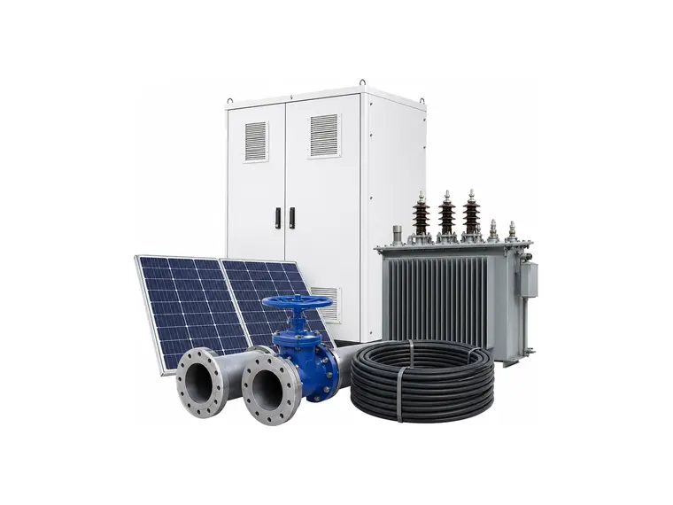 Energy and infrastructure equipment including solar panels, transformer, control cabinet, pipes and cable