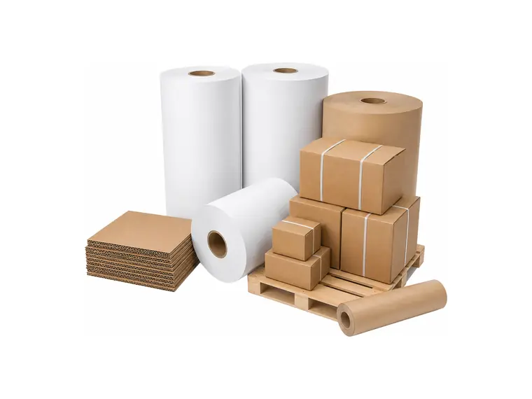 Paper and packaging products including paper rolls, cardboard sheets, boxes and a pallet
