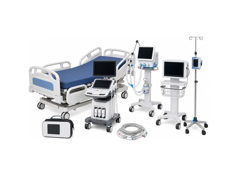 Hospital equipment including a medical bed, diagnostic monitors, ultrasound system and IV stand
